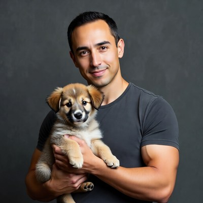 Man holding cute puppy