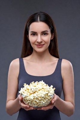Woman holding bowl of popcorn