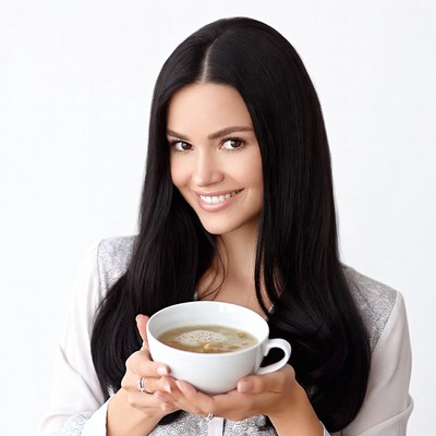 Woman holding steaming soup bowl