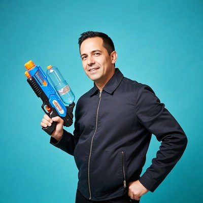 Man holding blue water gun