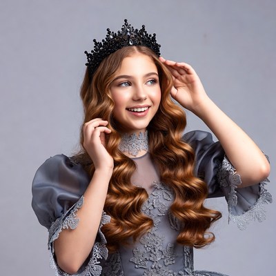 Girl with black crown and wavy red hair