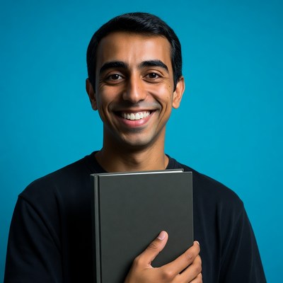 Man holding book smiling
