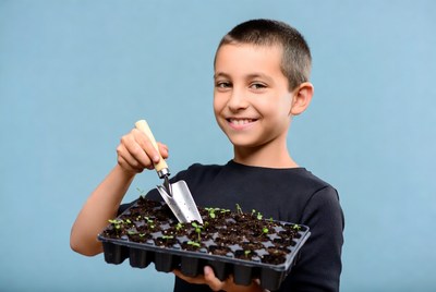 Boy holding seedlings tray with trowel