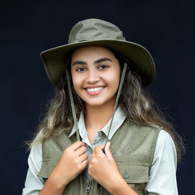 Smiling girl in green safari hat and vest