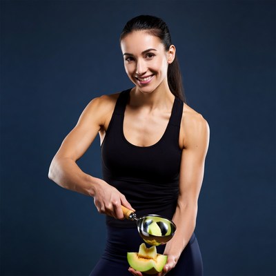 Fit woman holding melon scoop