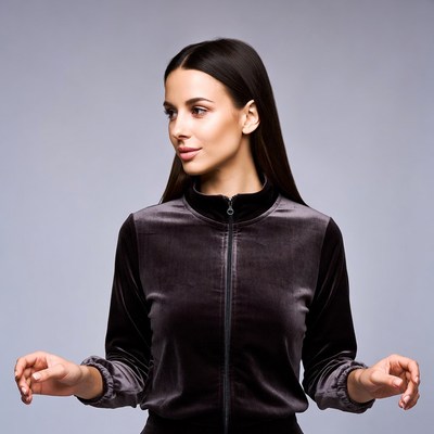 Woman in velvet jacket with hands extended