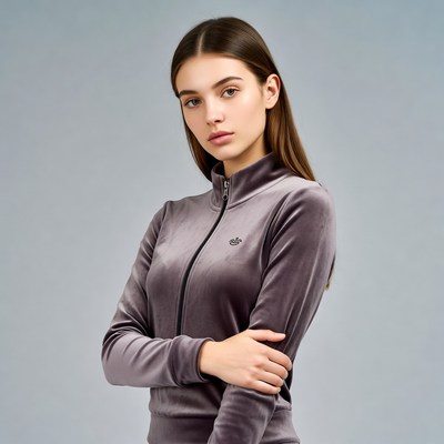 Woman in gray velvet tracksuit