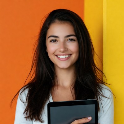 Smiling woman holding tablet
