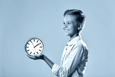 Boy holding large clock
