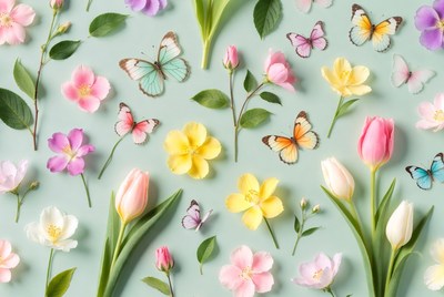 Colorful Flowers and Butterflies Flat Lay