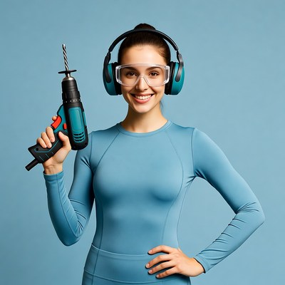 Woman holding drill with safety gear