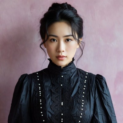 Asian woman in black Victorian dress