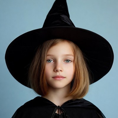 Girl wearing witch hat and cape