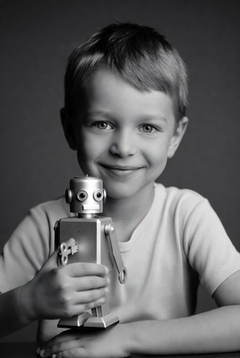 Boy holding toy robot