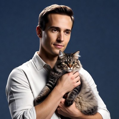 Man holding tabby cat