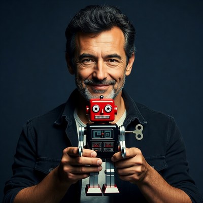 Man holding red robot toy