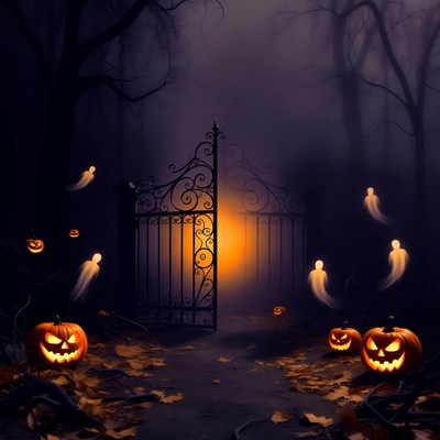 Haunted Gate with Ghosts and Pumpkins
