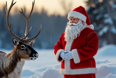 Santa Claus with reindeer in snow