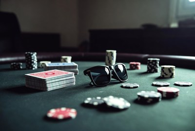 Poker chips cards sunglasses on table