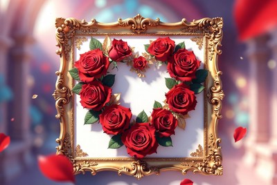 Red Roses Heart in Gold Frame