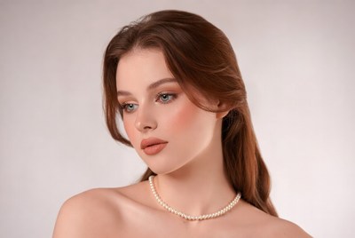 Woman with pearl necklace profile view