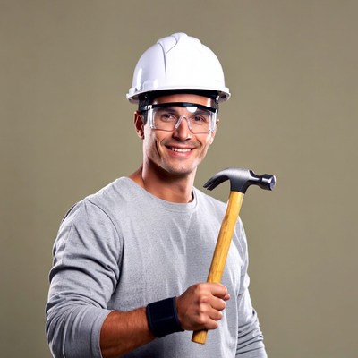 Smiling man holding hammer in hard hat