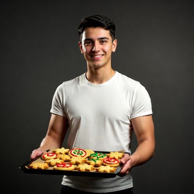 Young man holding Christmas cookies