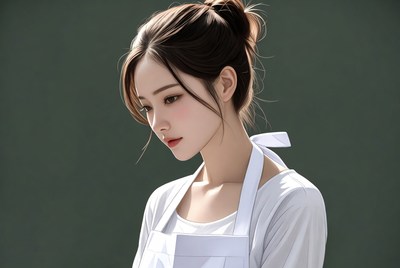 Asian woman in white apron