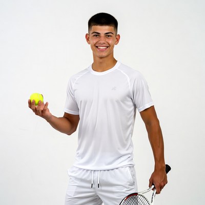 Young man holding tennis racket and ball