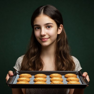 Girl holding tray of fresh cookies