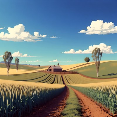 Farmhouse in Golden Wheat Fields