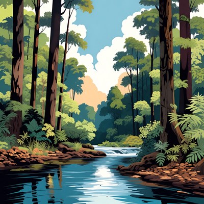 Forest Stream with Tall Trees Illustration
