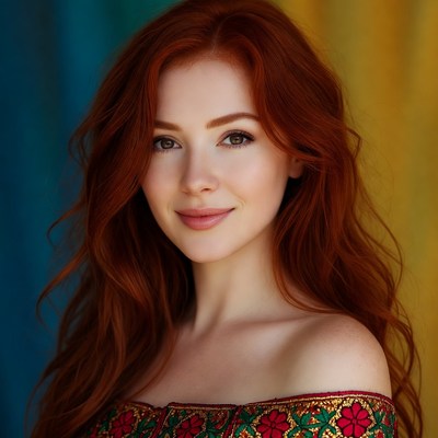 Redhead woman in embroidered top
