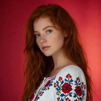 Redhead woman in embroidered dress