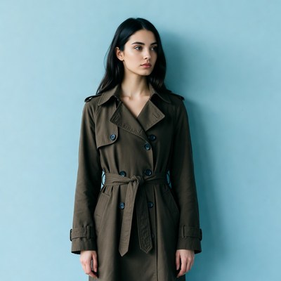 Woman in trench coat against blue background
