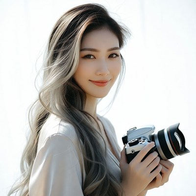 Asian woman holding camera