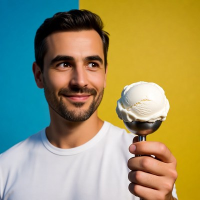 Man holding vanilla ice cream scoop