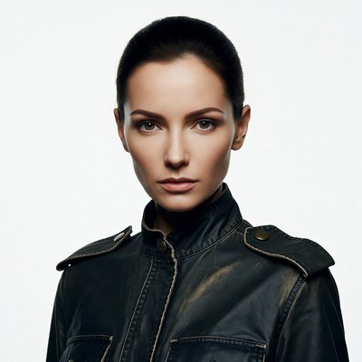 Woman in black leather jacket