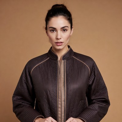 Woman wearing quilted brown jacket