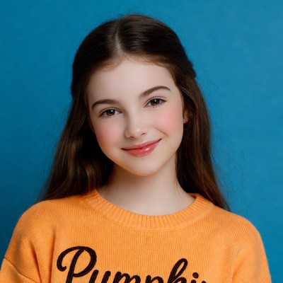 Girl smiling in pumpkin sweater