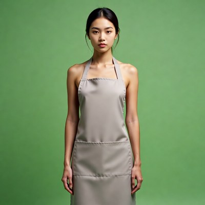 Asian woman wearing gray apron