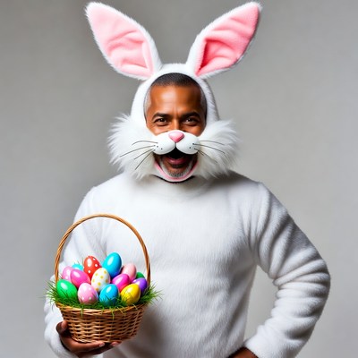 Black man in bunny costume holding Easter eggs