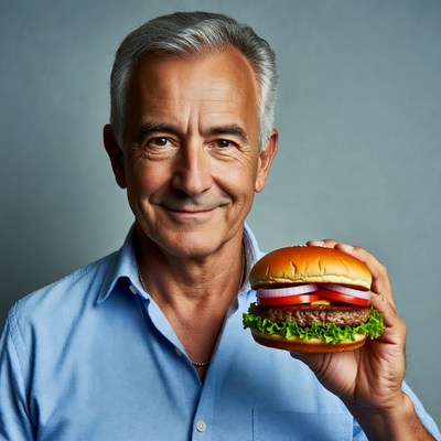 Senior man holding burger