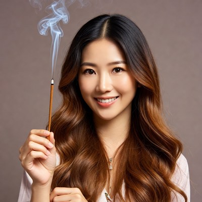 Asian woman holding incense stick