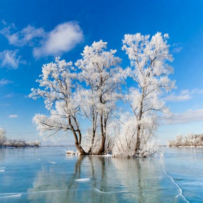 Frost-covered trees on icy lake
