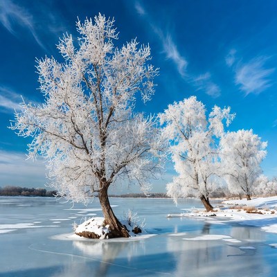 Frost-covered trees on frozen lake