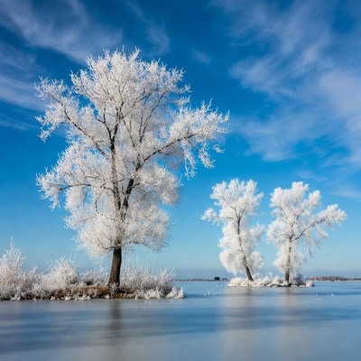 Frost-covered trees on icy lake