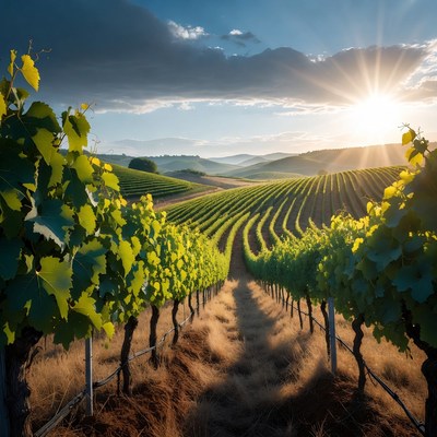 Vineyard Rows at Sunset