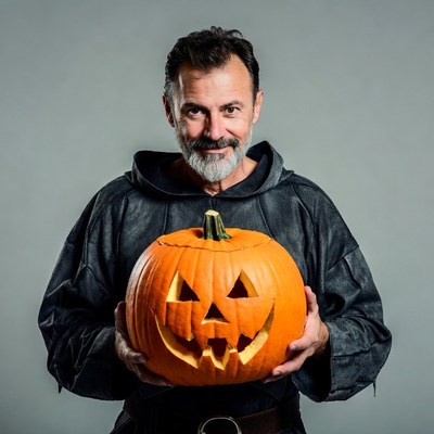Man holding carved pumpkin
