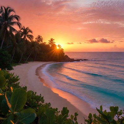 Tropical Beach Sunset with Palm Trees